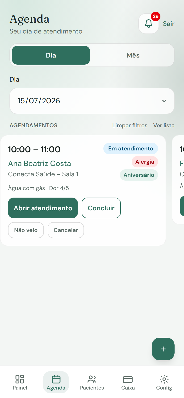 Tela real do Phinety: Agenda do dia com atendimento em andamento
