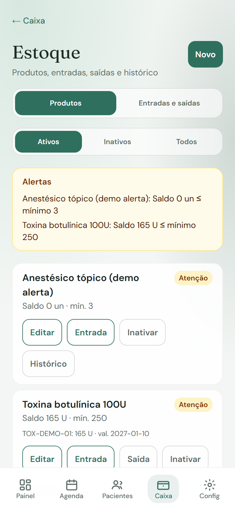 Tela real do Phinety: estoque com lotes, validade e alertas